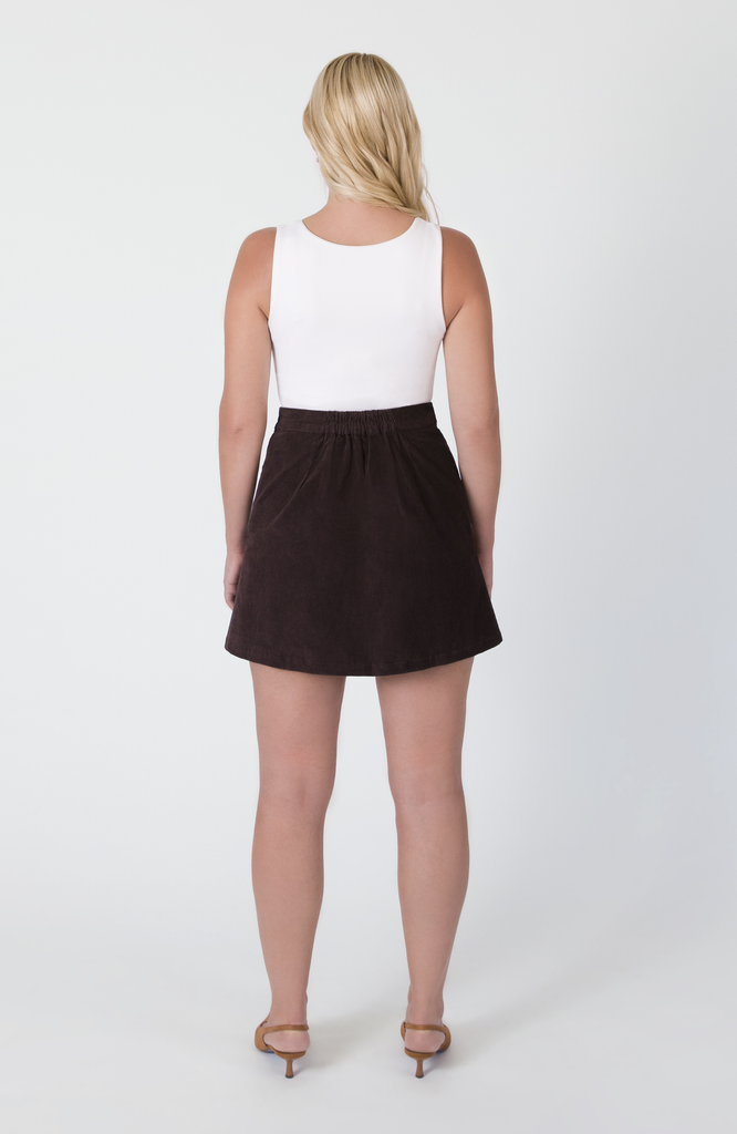 The Cord Mini has an exceptional fit through the seat for women with curvy shapes, with no pulling or gaping. Shown here in classic espresso brown.
