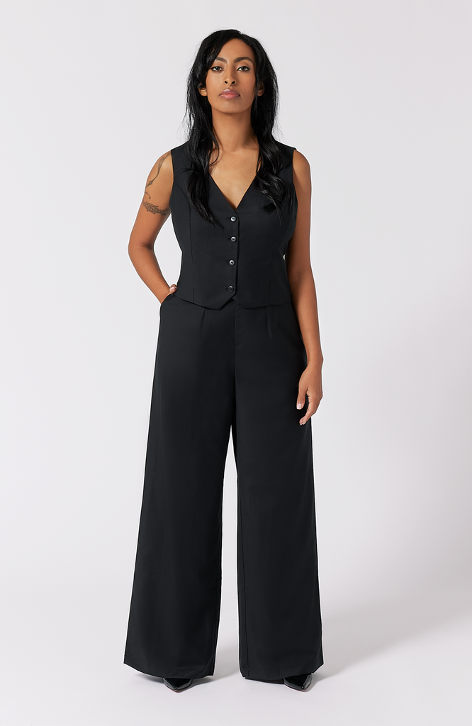 The pant has a beautiful drape on women with pear and hourglass shapes. It comes with a matching vest that can be purchased separately or together as a set. The set is shown here in classic black.