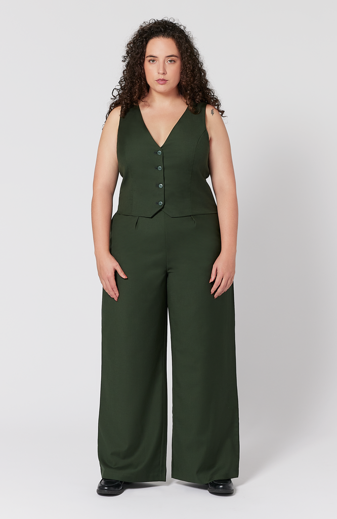 The pant has a beautiful drape on women with pear and hourglass shapes. It comes with a matching vest that can be purchased separately or together as a set. The set is shown here in a gorgeous, deep green shade.