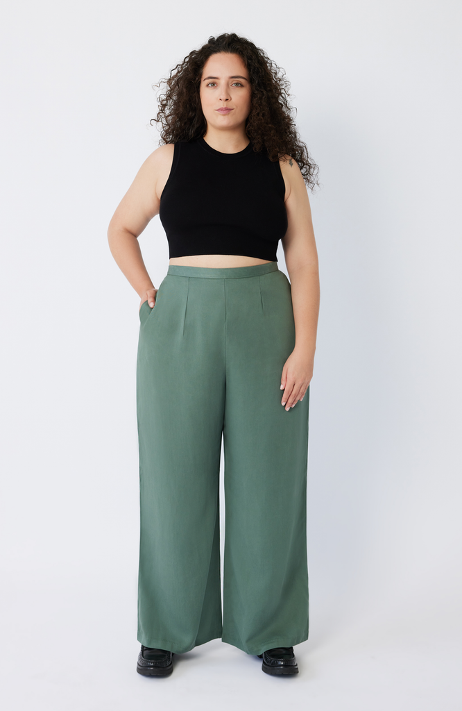 The Wide Leg Pant is designed to sit snug at the high waist with a roomy fit through the hips and thighs. With a waist-to-hip ratio designed for pear and hourglass shapes, this pant eliminates waist gaps without compromising on comfort. The pant is machine washable and ethically and sustainably made. Shown here in a dreamy, seafoam green.