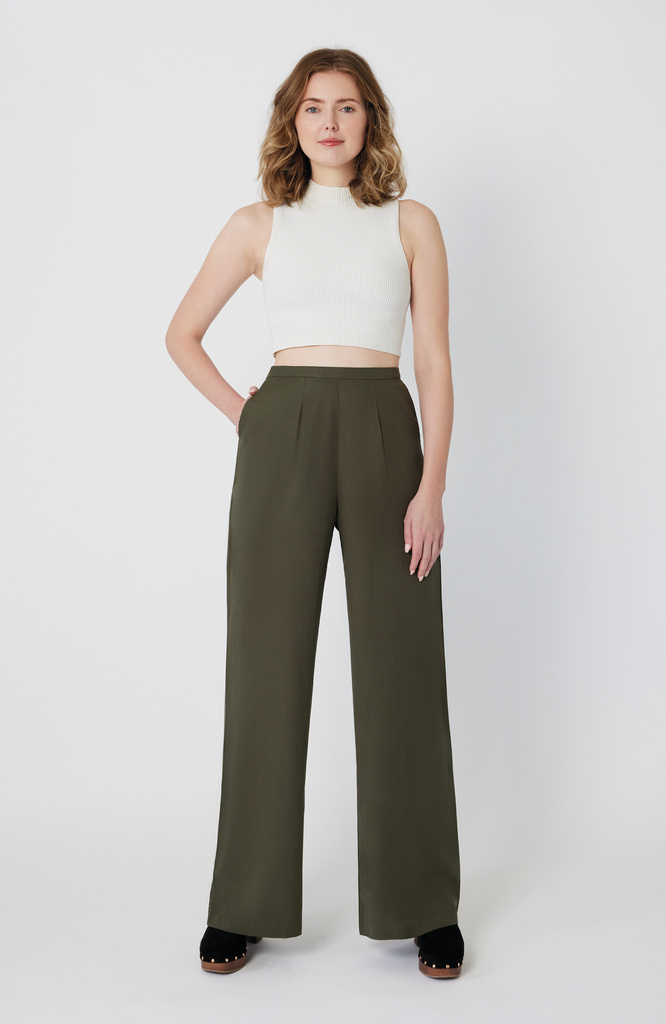 The Tall Wide Leg Pant by Aam The Label is made for women with full hips and thighs. Featuring a 34" inseam, this bestselling style is perfect for tall women looking for a true full length trouser with exceptional fit. It's shown here in a washed olive color.