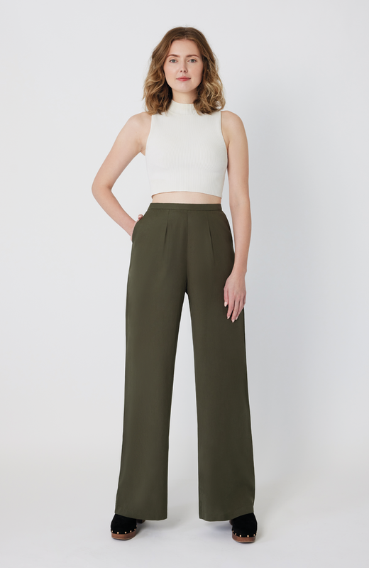 The Tall Wide Leg Pant by Aam The Label is made for women with full hips and thighs. Featuring a 34" inseam, this bestselling style is perfect for tall women looking for a true full length trouser with exceptional fit. It's shown here in a washed olive color.