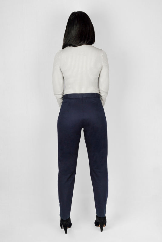 Women High-Rise Tapered Fit Flat-Front Navy Blue Trousers
